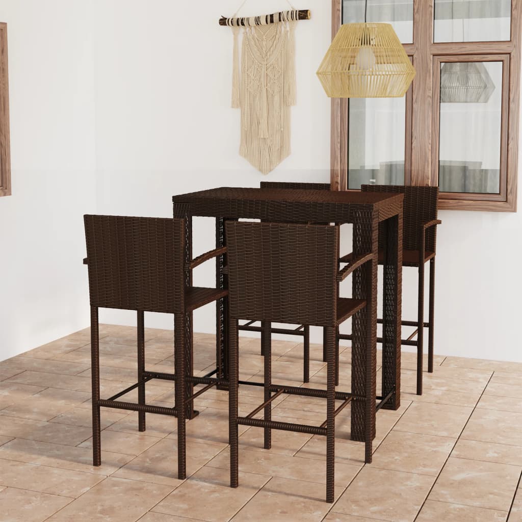 5 Piece Outdoor Bar Set With Armrest Poly Rattan Brown