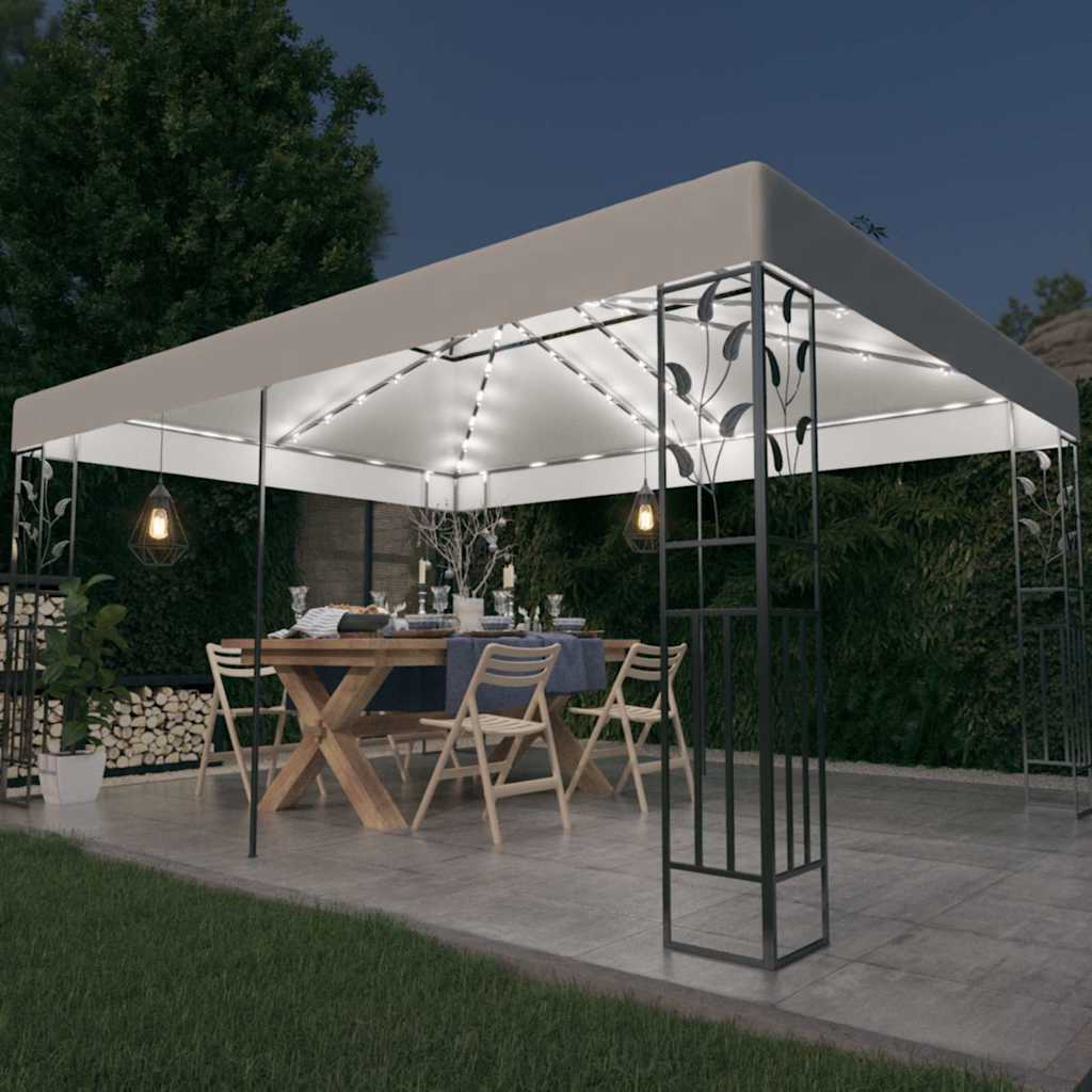 Gazebo Double Roof&Led String Lights 3X4 M white taupe anthracite