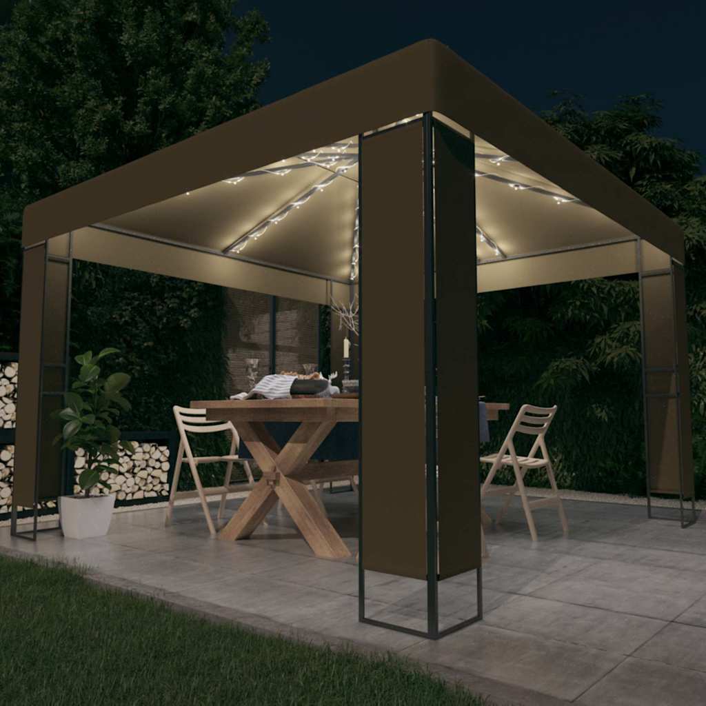 Gazebo Double Roof&Led String Lights 3X3X2.7 M anthracite taupe white 300 cm