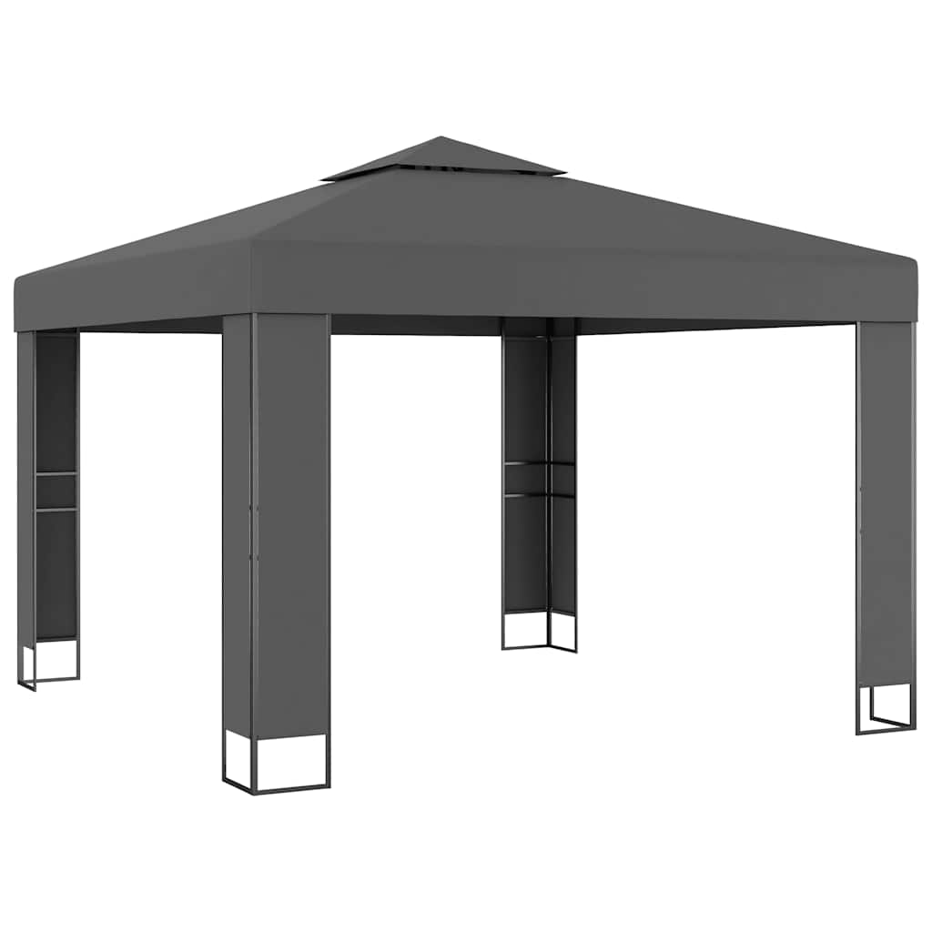 Gazebo Double Roof&Led String Lights 3X3X2.7 M anthracite taupe white 300 cm