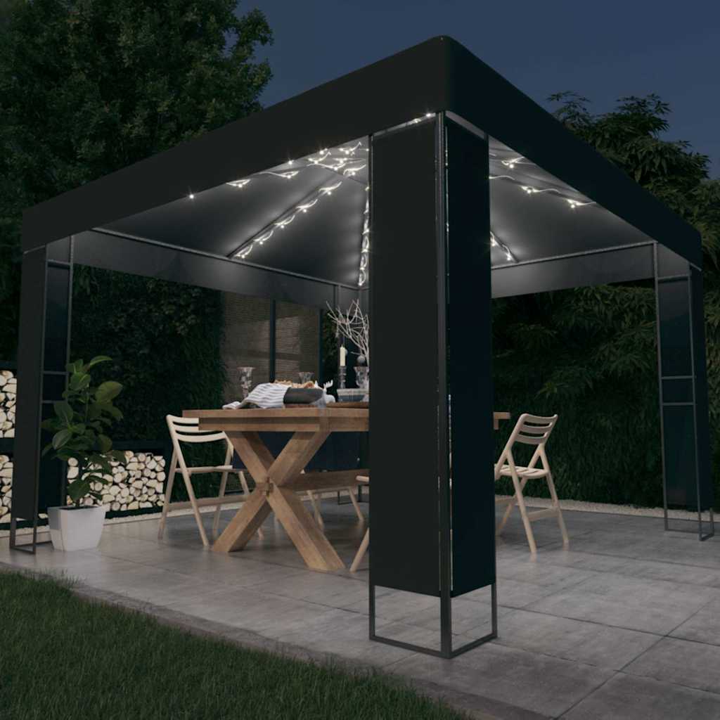 Gazebo Double Roof&Led String Lights 3X3X2.7 M anthracite taupe white 300 cm