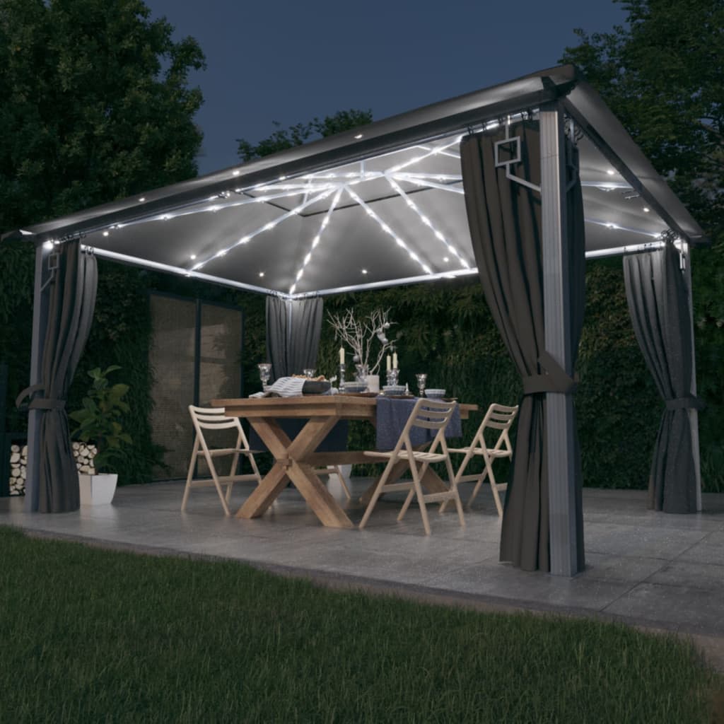 Gazebo With Curtain&Led String Lights 3X3 M Aluminium