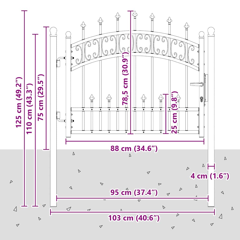 Garden Gate Black Steel 103x120cm Lockable Fence 3 Keys Grey Powder-coated steel