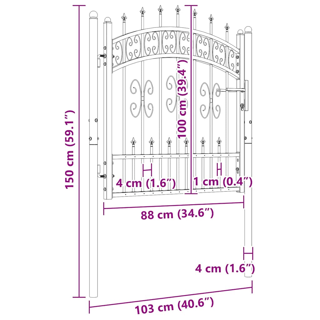 Garden Gate Black Steel 103x120cm Lockable Fence 3 Keys Grey Powder-coated steel