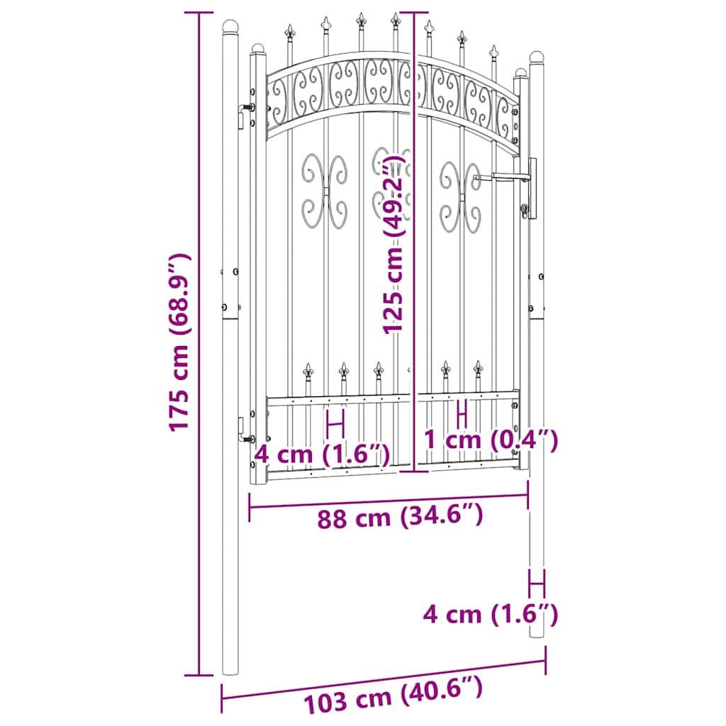 Garden Gate Black Steel 103x120cm Lockable Fence 3 Keys Grey Powder-coated steel