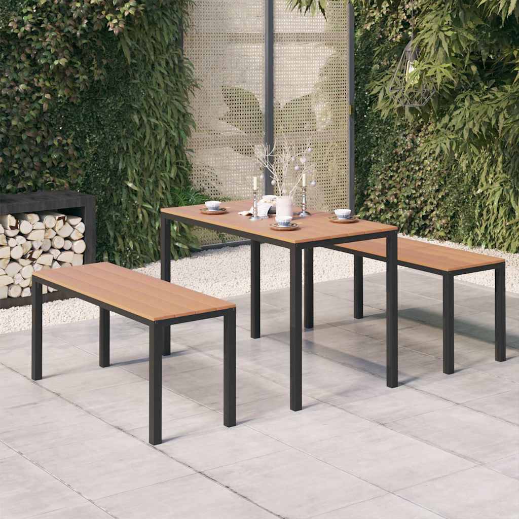 Outdoor Furniture Set 3 Piece Garden Dining Steel & Wpc Patio Table Chairs Black