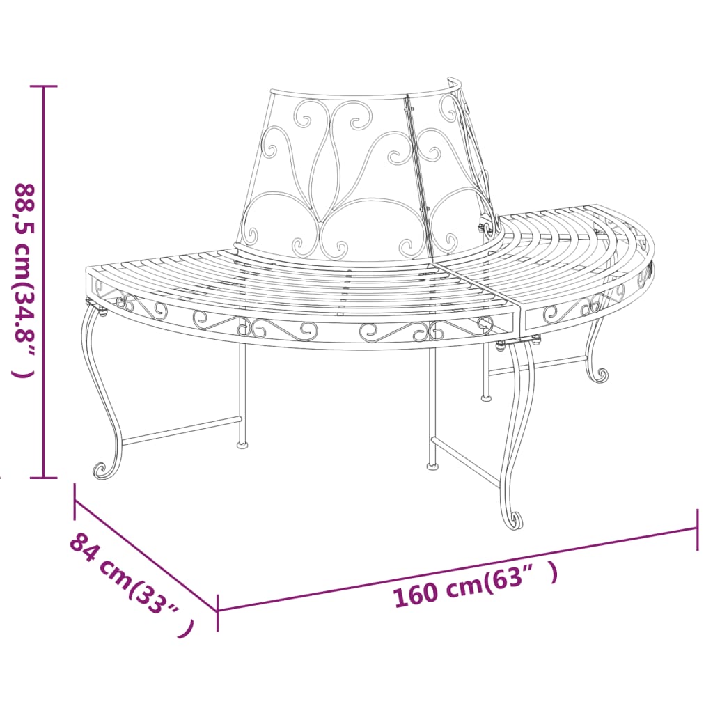 Half Round Tree Bench 2 Pcs Ø160 Cm Black Steel
