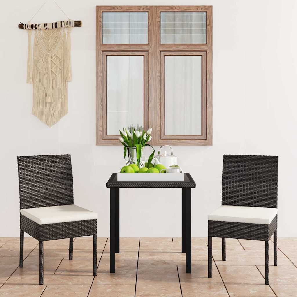 Outdoor Furniture Set 3 Piece Dining Cushions Poly Rattan Black Grey Glass 70 Cm