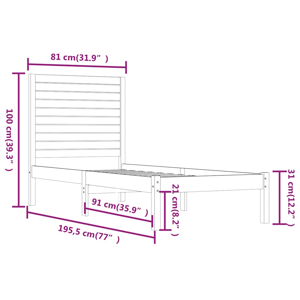 Bed Frame Extra Long Without Mattress Solid Wood Natural White Black 75 X 190 Cm