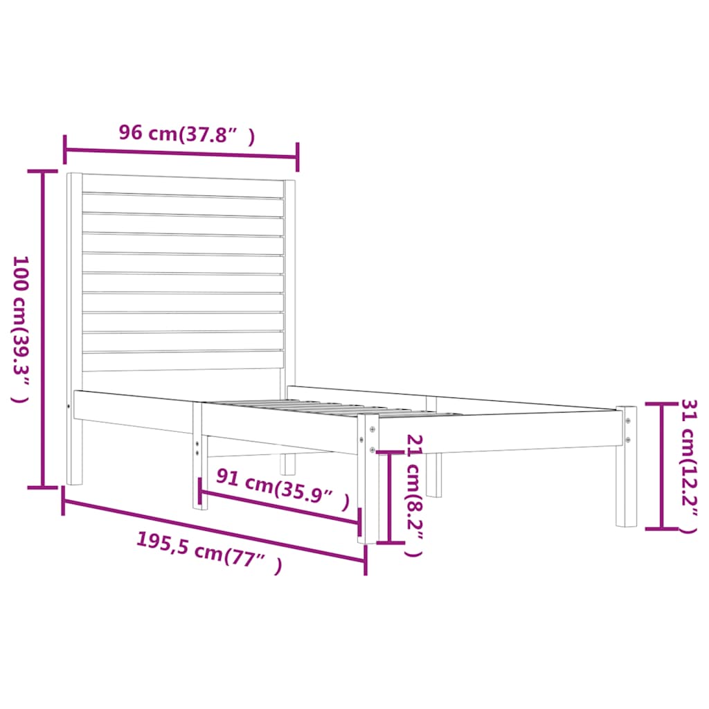 Bed Frame Extra Long Without Mattress Solid Wood Natural White Black 75 X 190 Cm