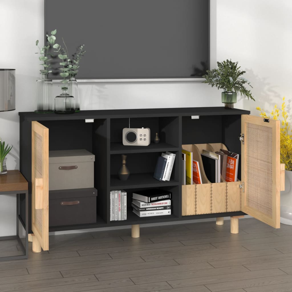 Sideboard 105X30X60 Cm Solid Wood Pine And Natural Rattan