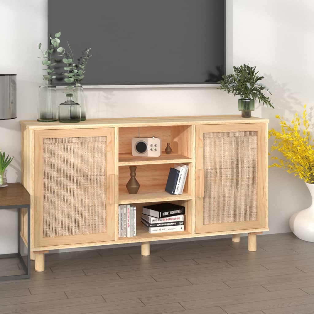 Sideboard 105X30X60 Cm Solid Wood Pine And Natural Rattan