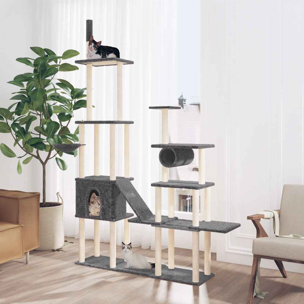 Cat Furniture Tree Tower 279cm Scratching Post Multi Level Large Grey Dark grey