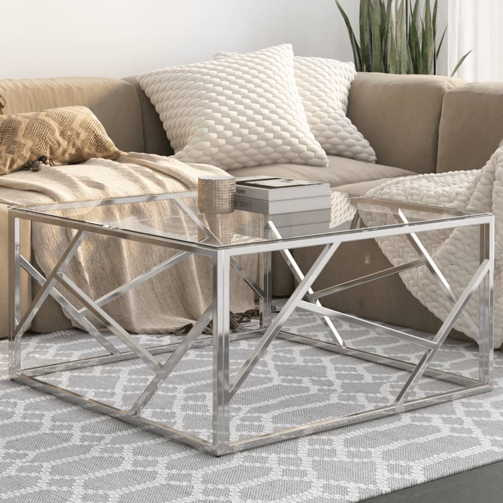 Coffee Table Silver Stainless Steel And Tempered