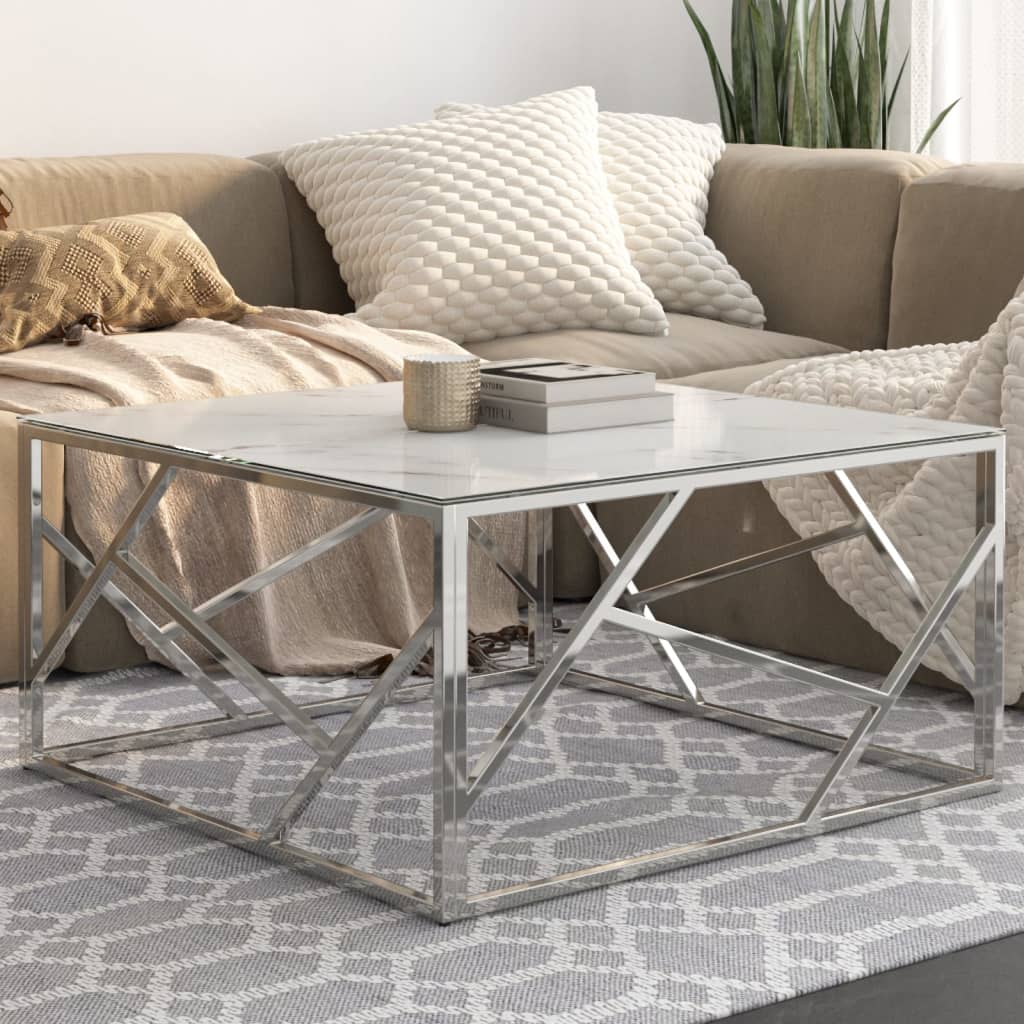 Coffee Table Silver Stainless Steel And Tempered