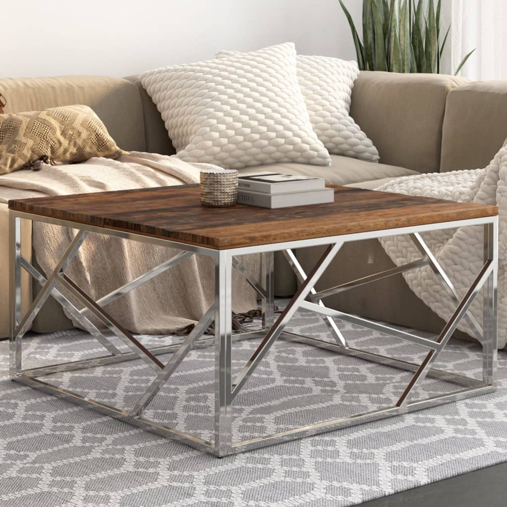 Coffee Table Silver Stainless Steel And Tempered