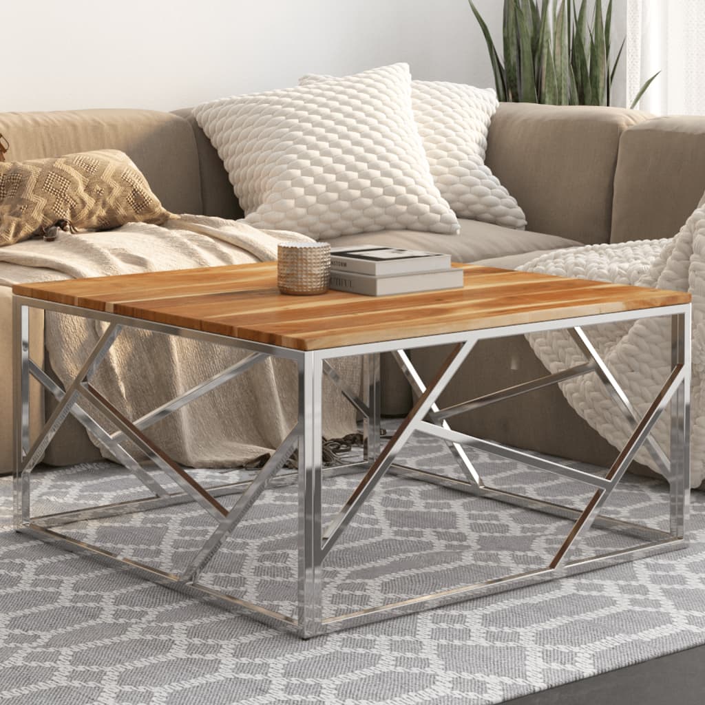 Coffee Table Silver Stainless Steel And Tempered