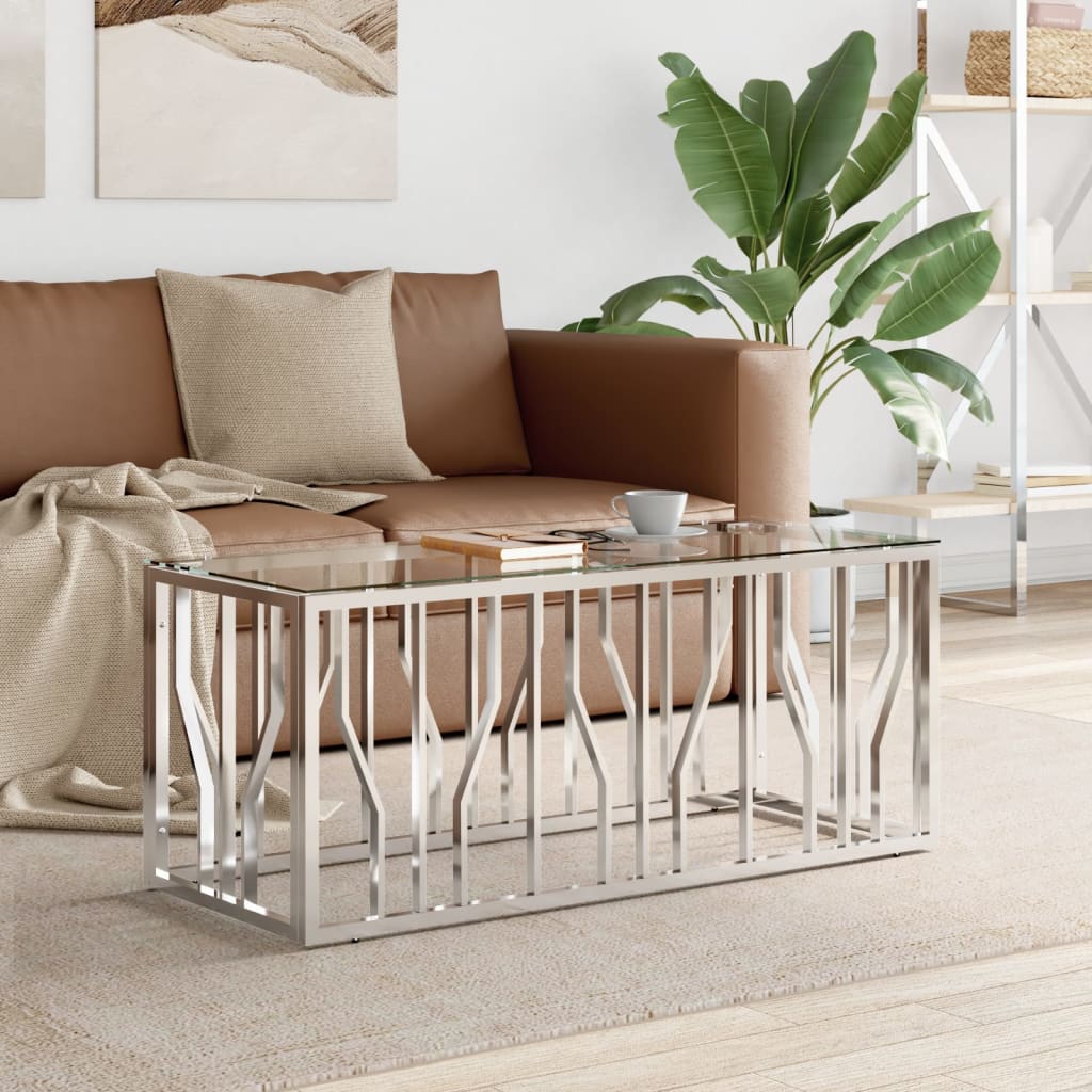 Coffee Table Silver Stainless Steel And Solid Acacia