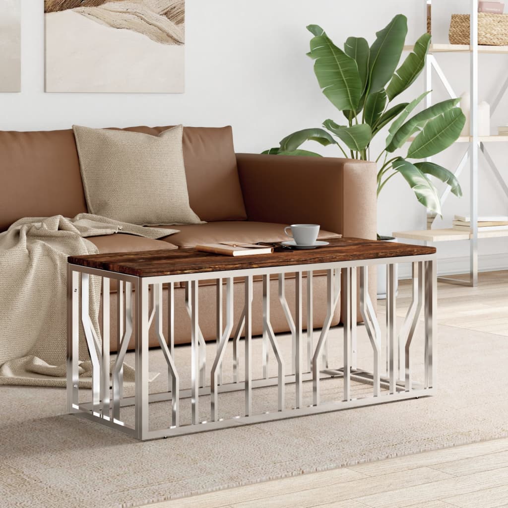 Coffee Table Silver Stainless Steel And Solid Acacia