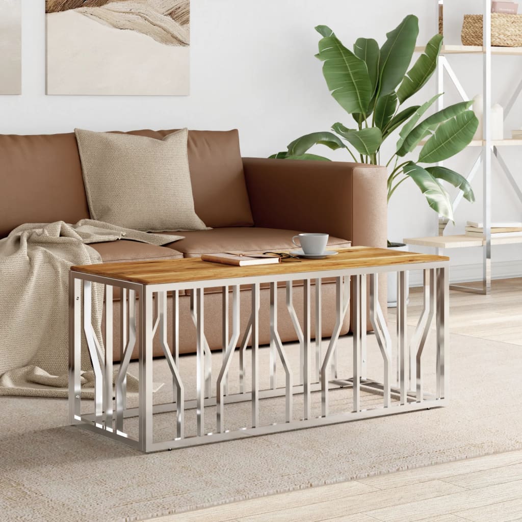 Coffee Table Silver Stainless Steel And Solid Acacia