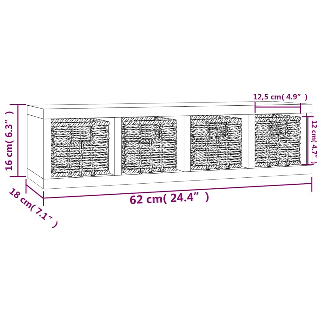 Wall Shelf Baskets Solid Walnut Wood Storage 62x18x16cm Rustic Removable 62 cm