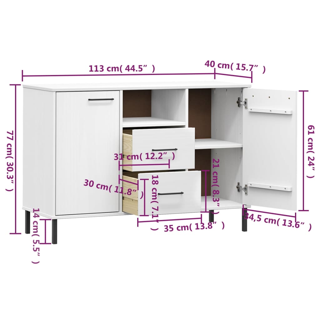 Sideboard With Metal Legs 113X40X77 Cm Solid Wood Oslo