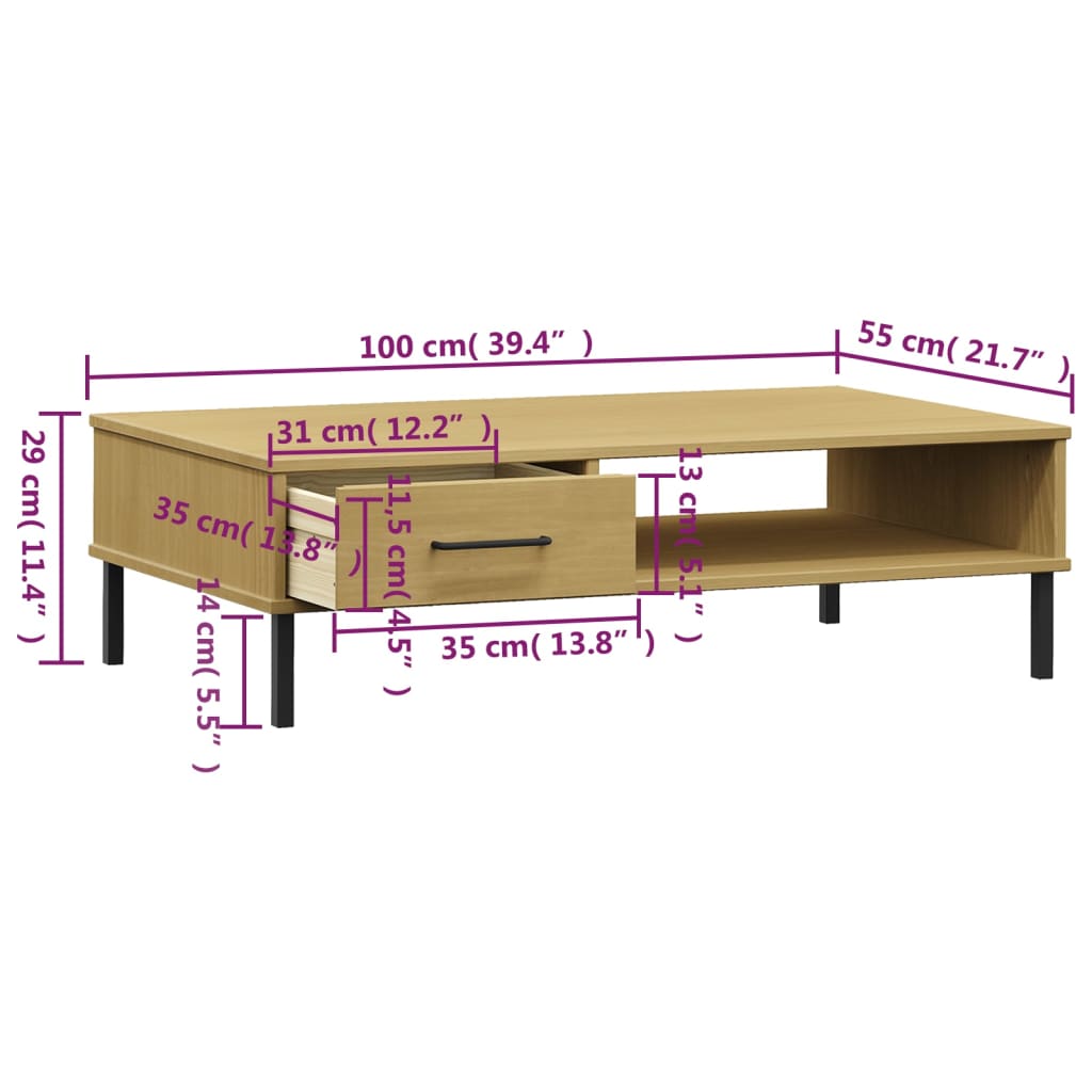 Coffee Table Solid Pine Wood Oslo White Drawer Storage Modern Living brown grey
