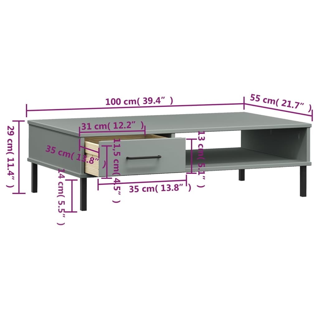 Coffee Table Solid Pine Wood Oslo White Drawer Storage Modern Living brown grey