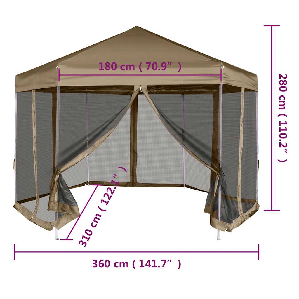 Gazebo Hexagonal Pop Up Marquee 3.6X3.1M 6 Sidewalls Garden Tent Grey Taupe 360
