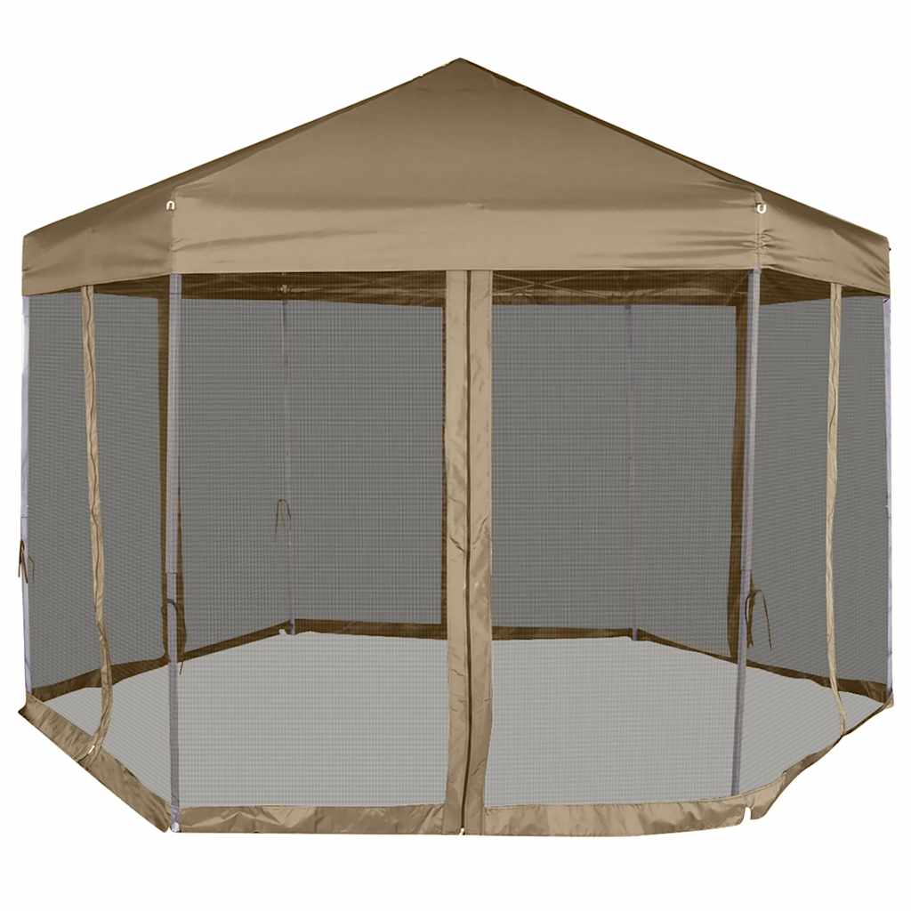 Gazebo Hexagonal Pop Up Marquee 3.6X3.1M 6 Sidewalls Garden Tent Grey Taupe 360