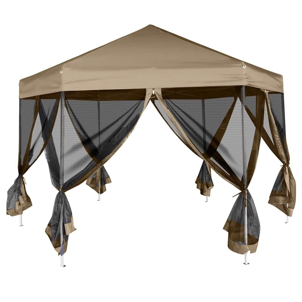 Gazebo Hexagonal Pop Up Marquee 3.6x3.1m 6 Sidewalls Garden Tent grey taupe 360