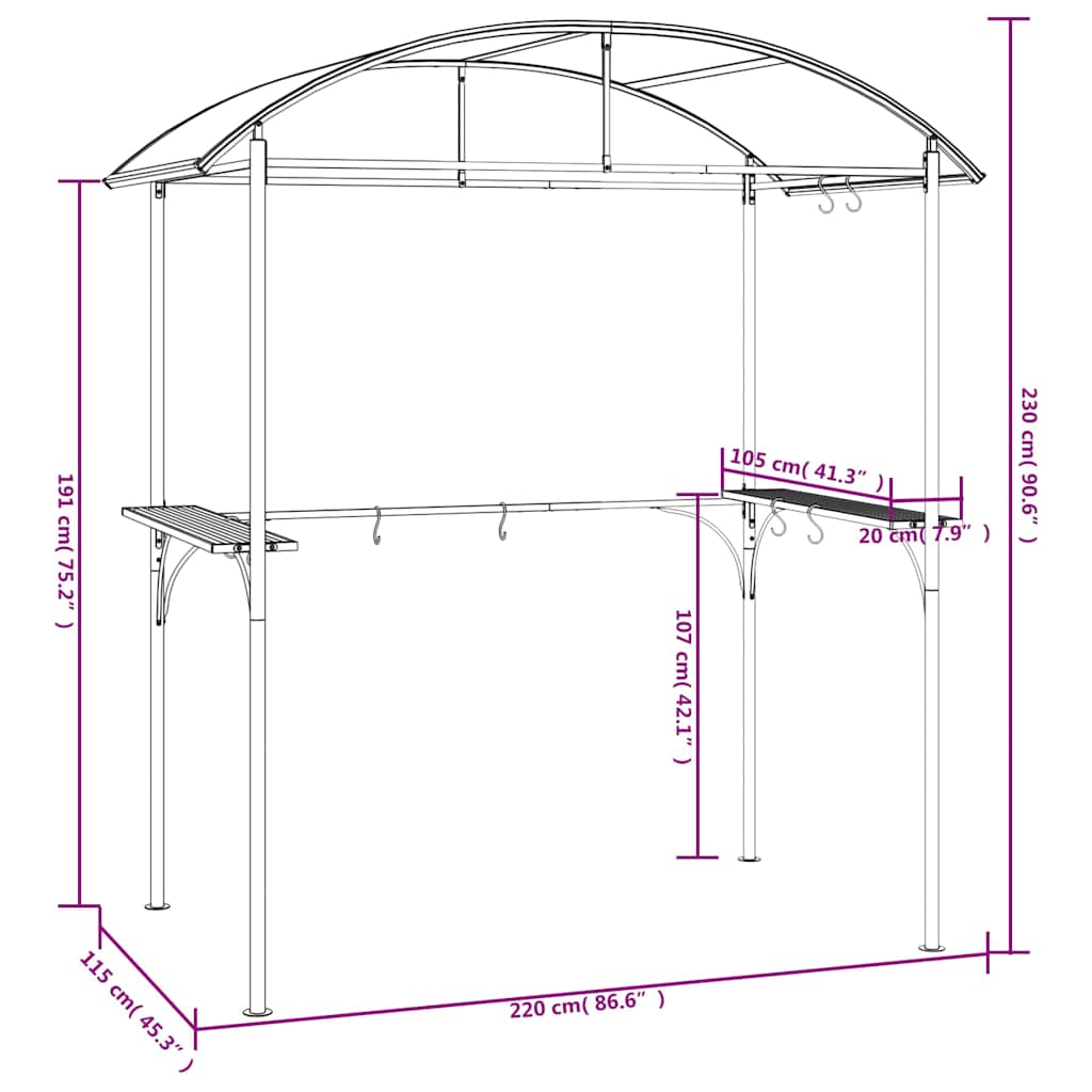 Gazebo Bbq Side Shelves Anthracite 220X115X230 Cm Steel PC board 220 cm