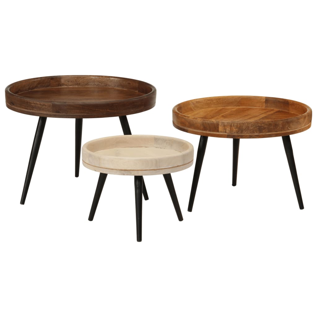 End Tables Round Coffee 3 Pcs Solid Wood Mango steel
