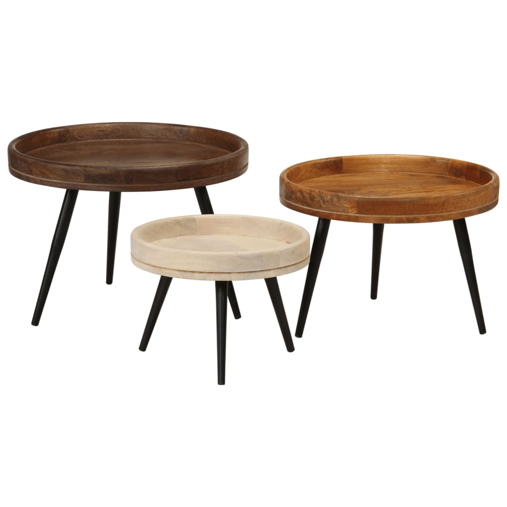 End Tables Round Coffee 3 Pcs Solid Wood Mango steel