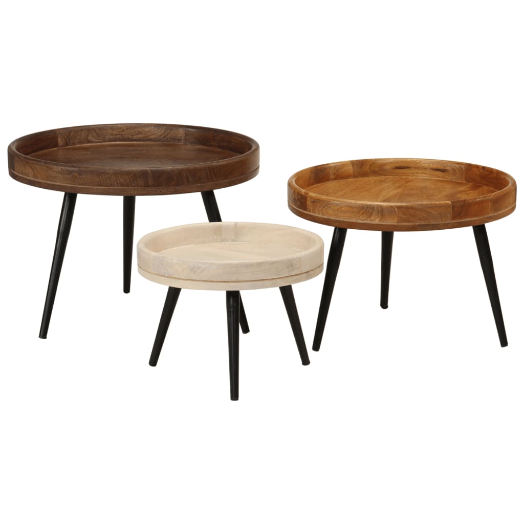 End Tables Round Coffee 3 Pcs Solid Wood Mango steel