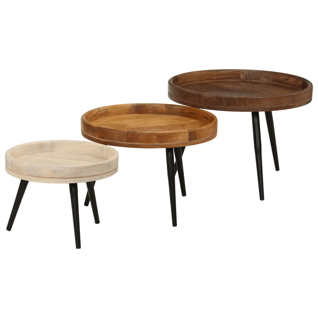 End Tables Round Coffee 3 Pcs Solid Wood Mango steel