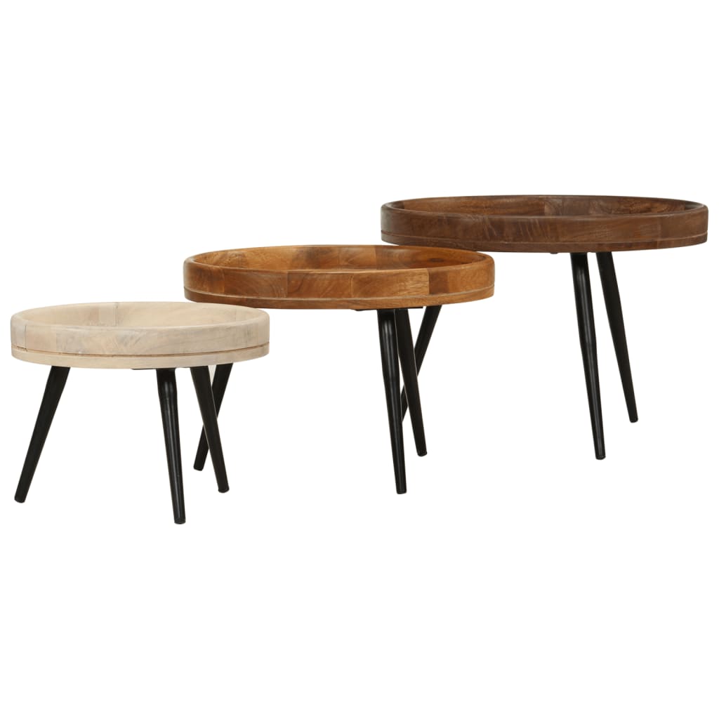 End Tables Round Coffee 3 Pcs Solid Wood Mango steel