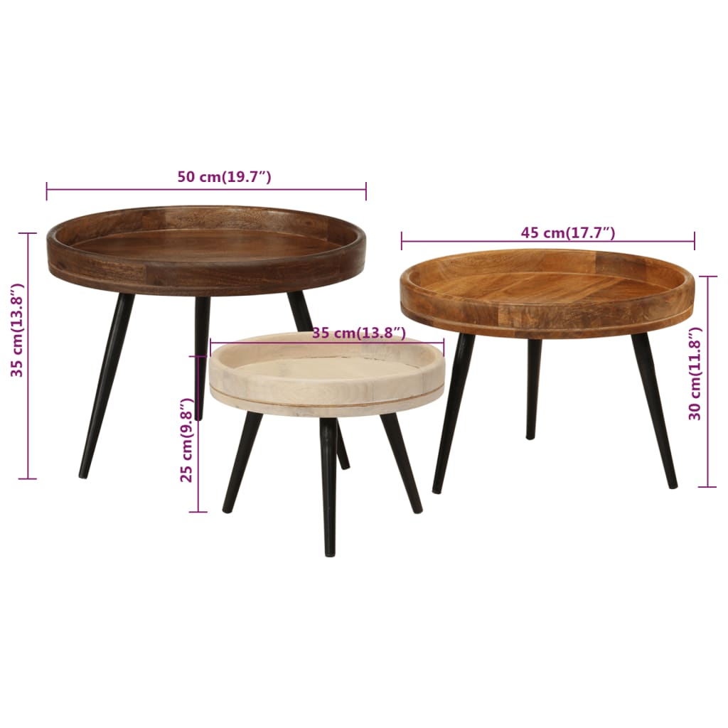 End Tables Round Coffee 3 Pcs Solid Wood Mango steel