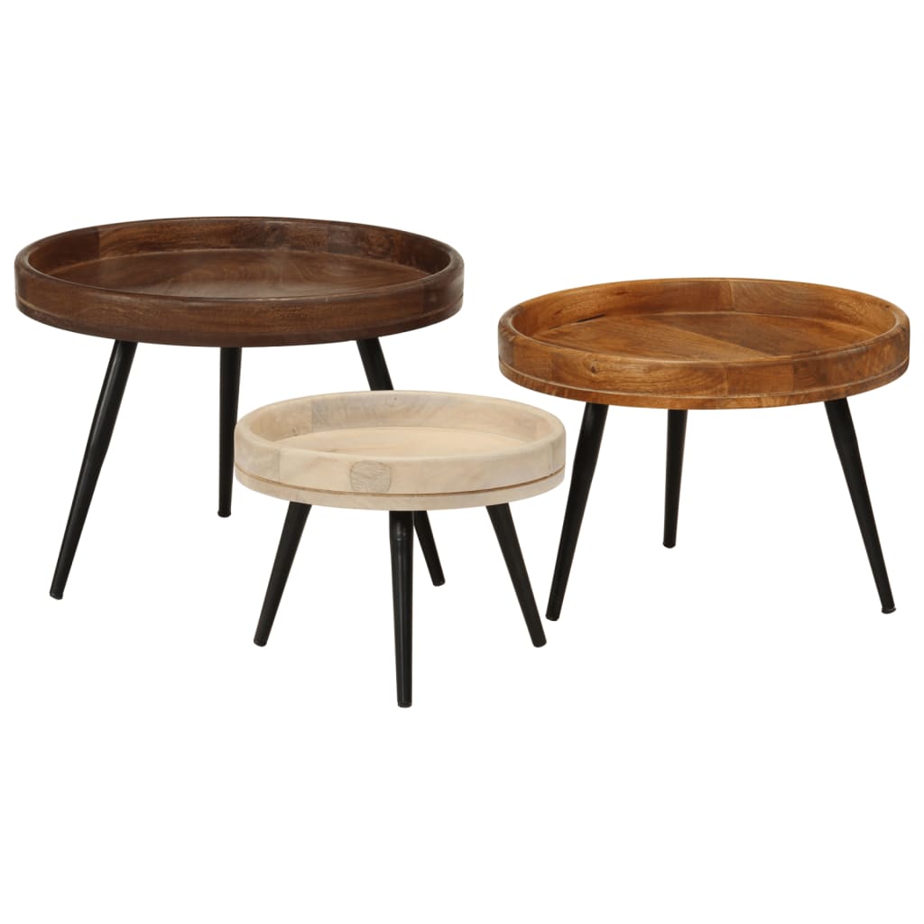 End Tables Round Coffee 3 Pcs Solid Wood Mango steel