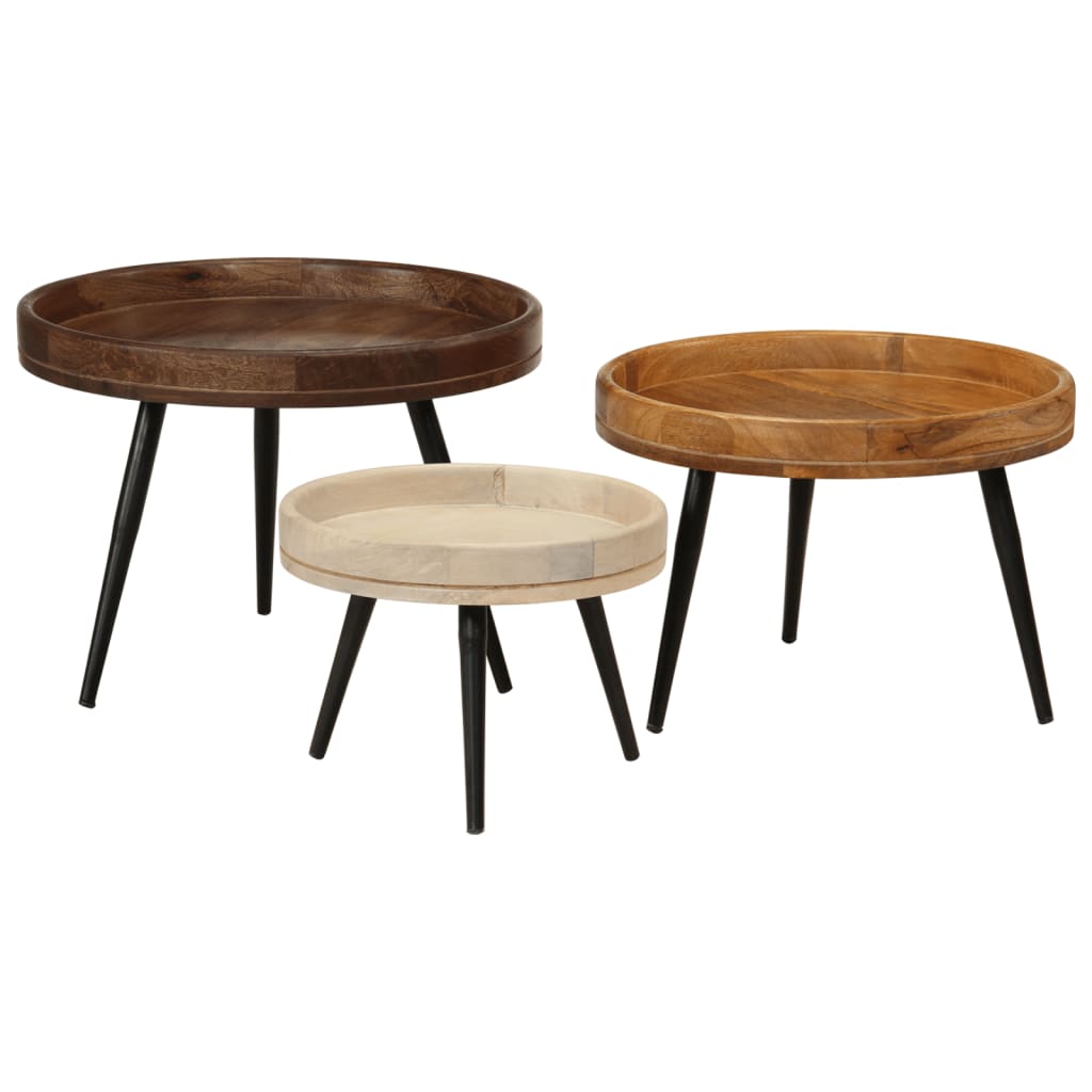 End Tables Round Coffee 3 Pcs Solid Wood Mango steel