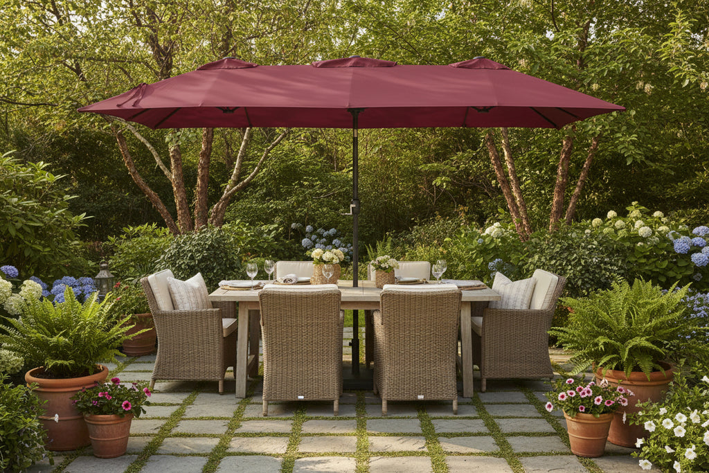 Double-Head Garden Parasol With Leds Bordeaux 449X265 Cm