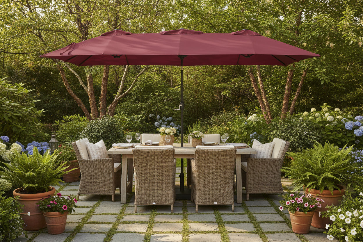 Double-Head Garden Parasol With Leds Bordeaux 449X265 Cm