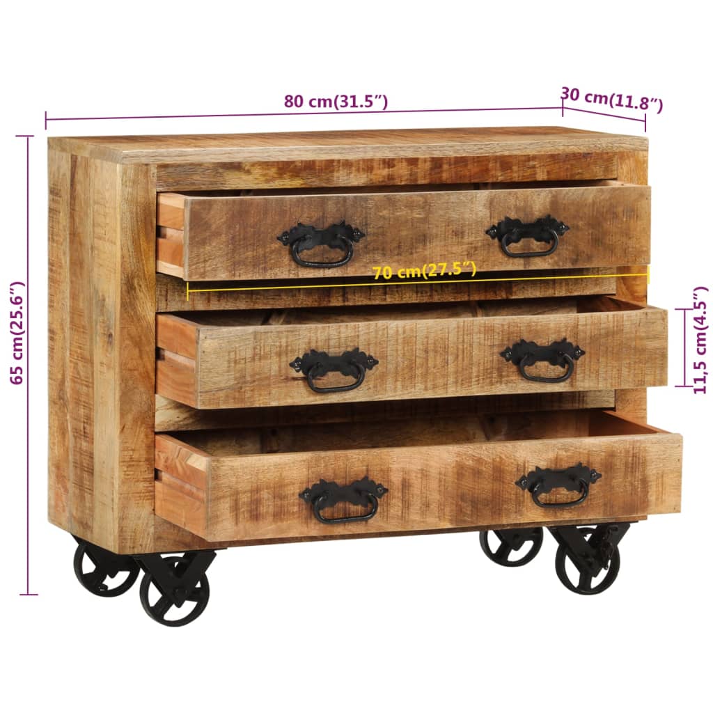 Sideboard With 3 Drawers 80X30X Solid Rough Wood Mango