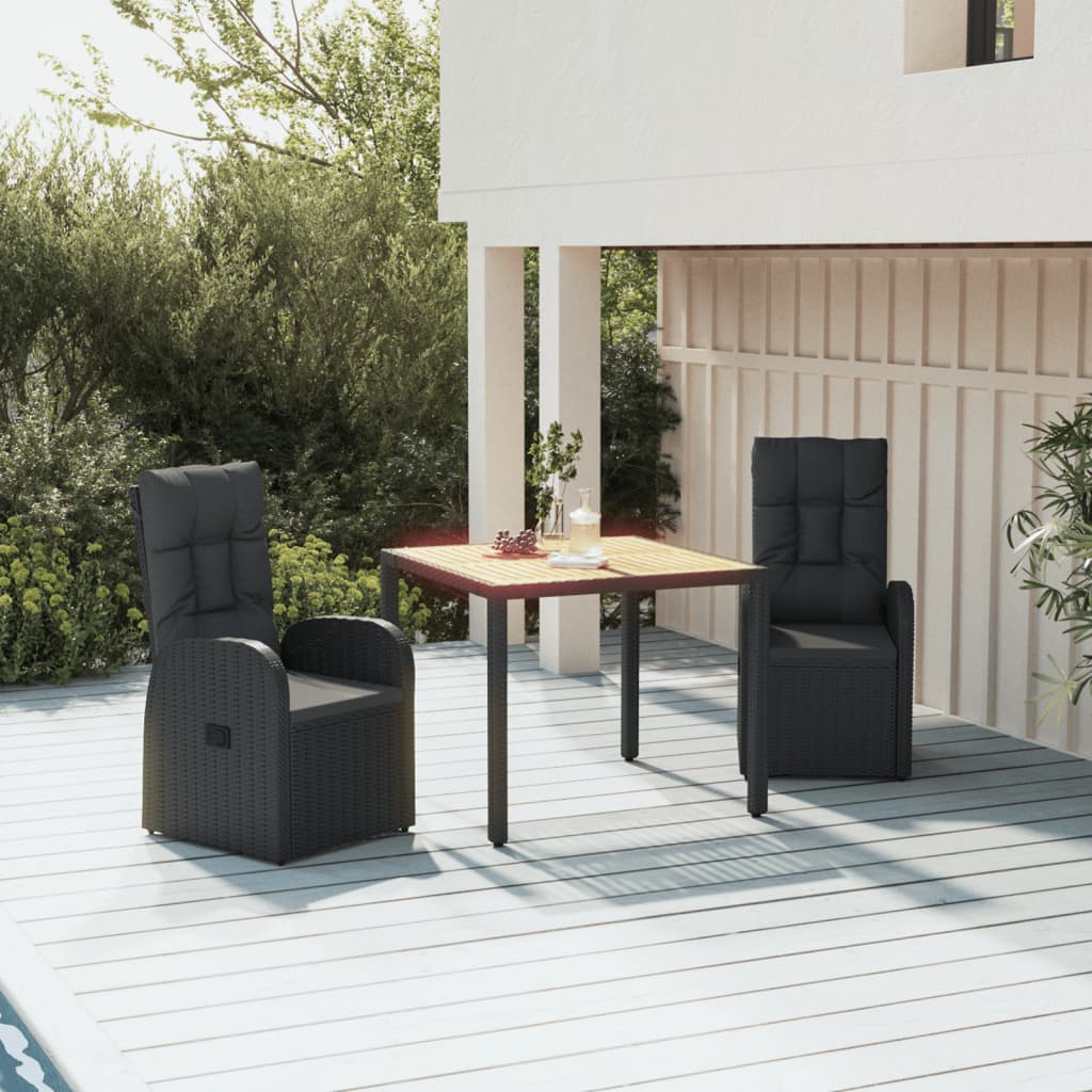 5 Piece Garden Dining Set Black Poly Rattan&Solid Wood Acacia