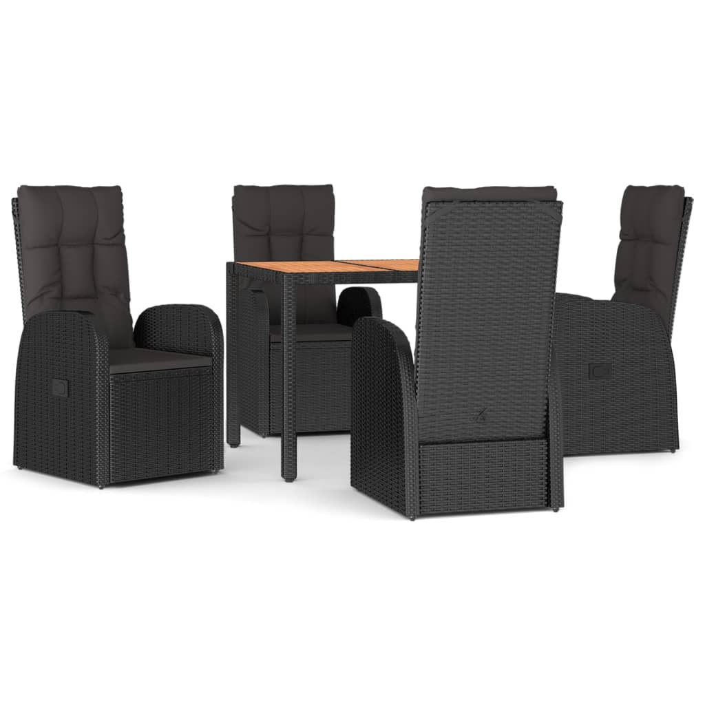 Outdoor Furniture Set 5 Piece Garden Dining Black Poly Rattan&Solid Wood Acacia