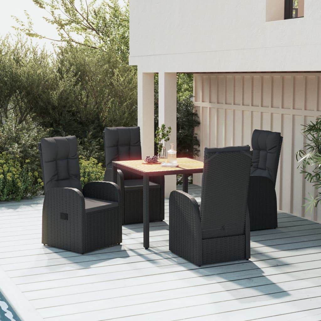 Outdoor Furniture Set 5 Piece Garden Dining Black Poly Rattan&Solid Wood Acacia