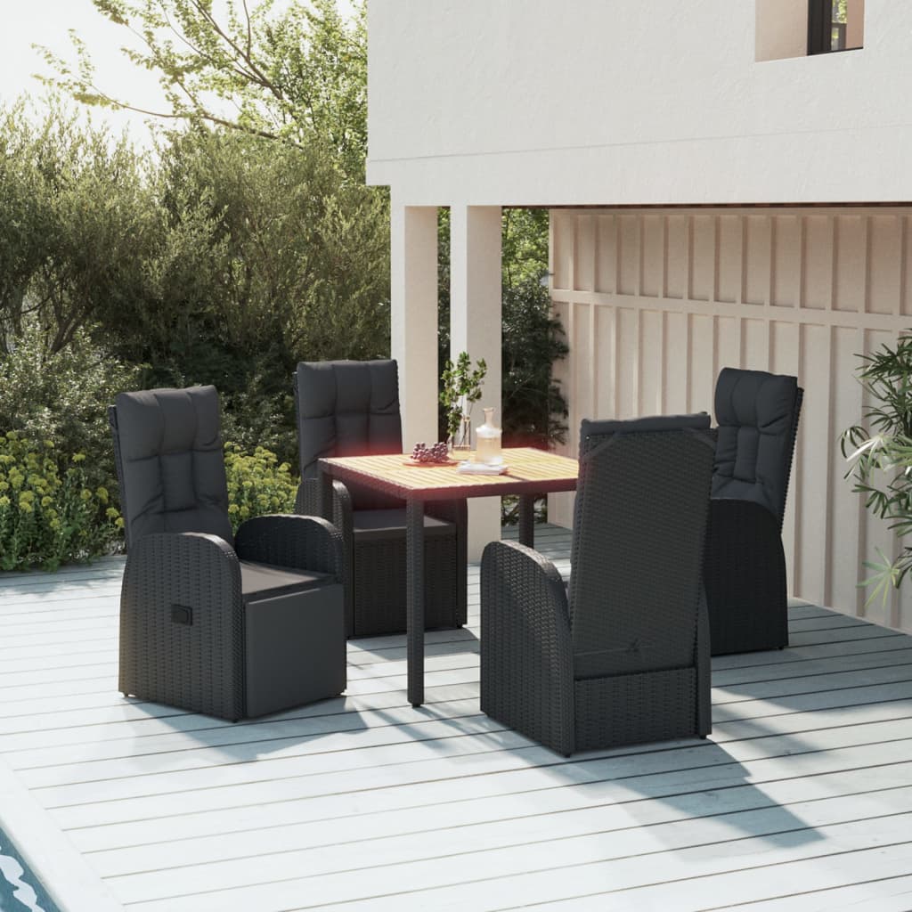 Outdoor Furniture Set 5 Piece Garden Dining Black Poly Rattan&Solid Wood Acacia