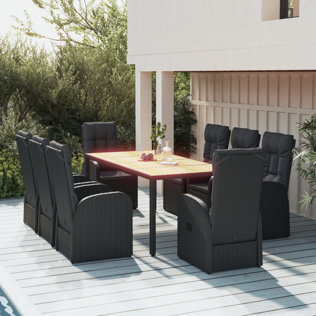 5 Piece Garden Dining Set Black Poly Rattan&Solid Wood Acacia