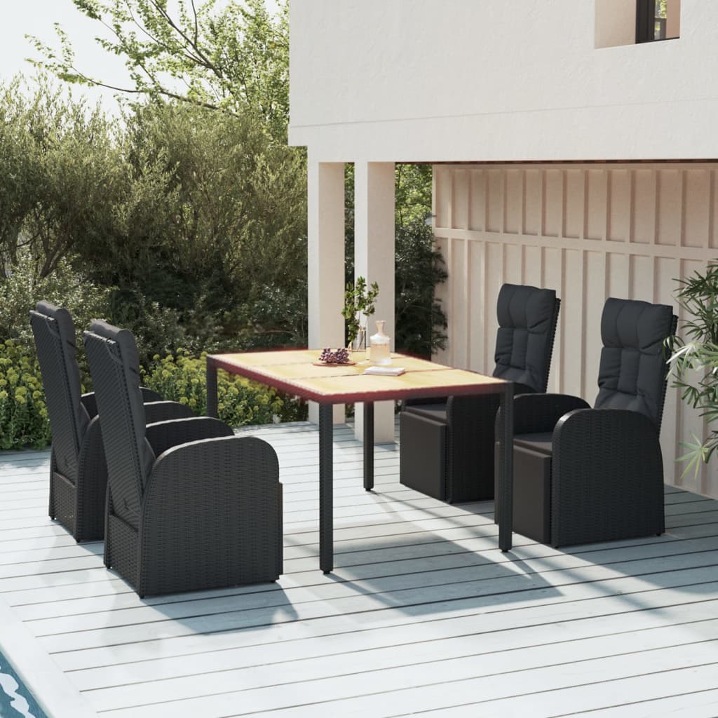 9 Piece Garden Dining Set Black Poly Rattan&Solid Wood Acacia