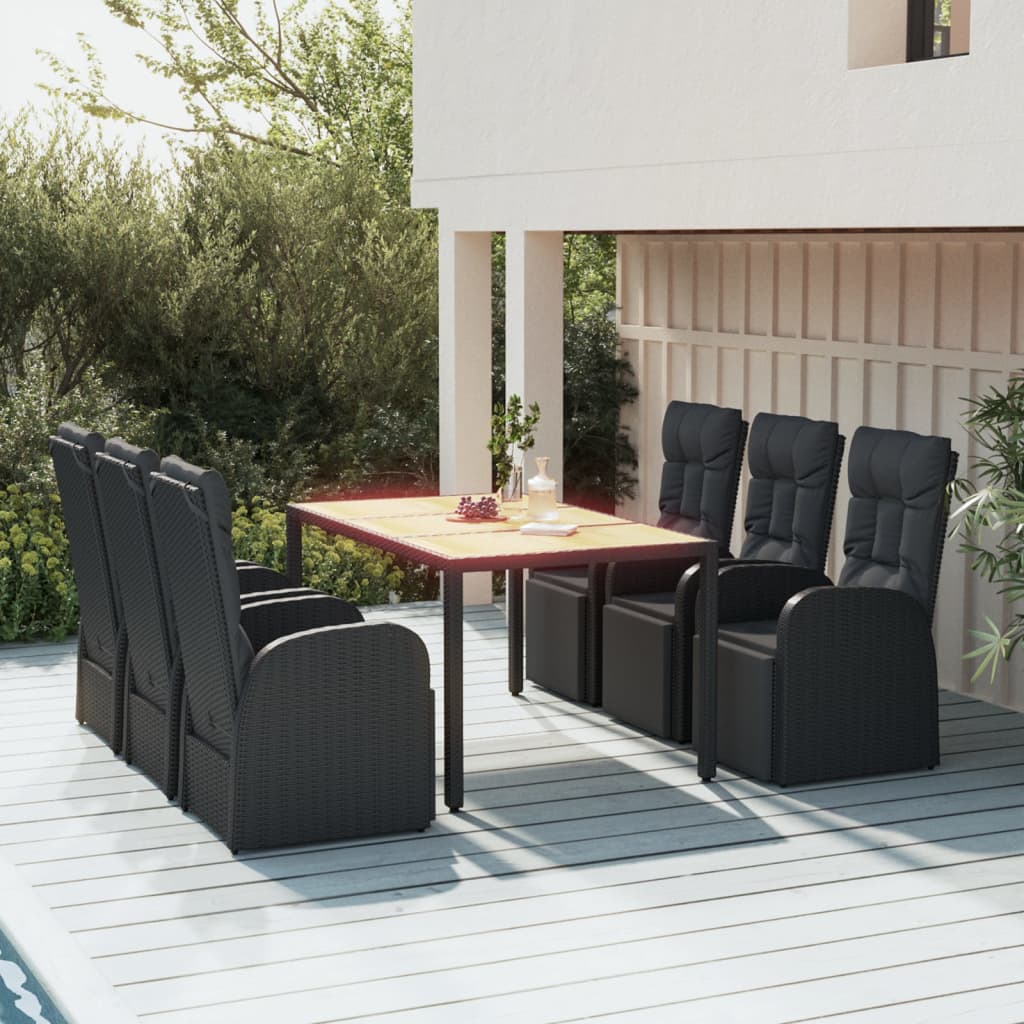 9 Piece Garden Dining Set Black Poly Rattan&Solid Wood Acacia